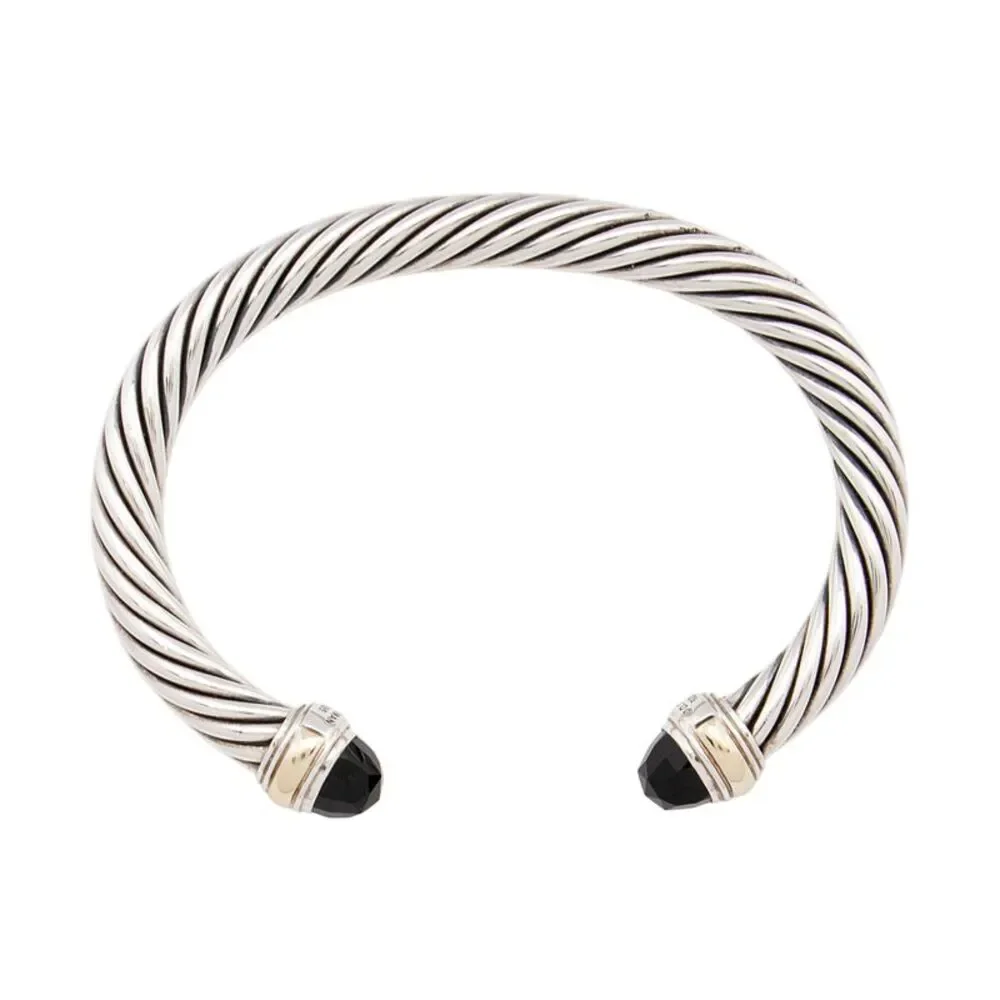 David Yurman Sterling Silver 14k Gold Onyx Cable Classics 7mm Cuff - Picture 2 of 3
